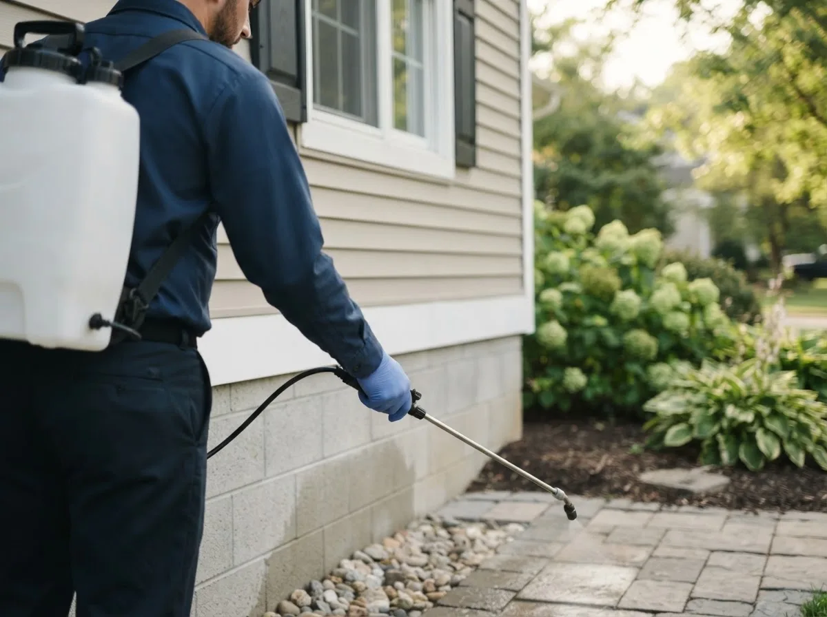 Pest control technician inspecting a home in Calumet, OK